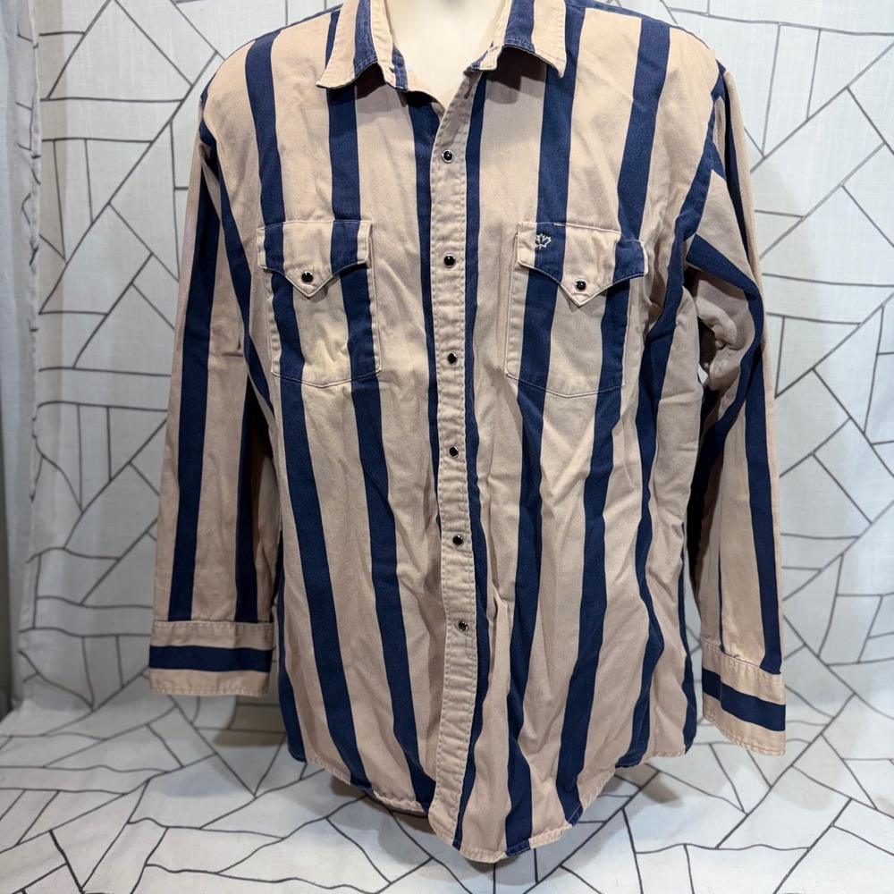 MWG Western Snap Shirt XL Tan Navy Striped Long Sleeve Cowboy Workwear